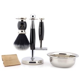 Jag Shaving Mens Shaving Kit Double Edge Safety Razor with Leather Pouch, Black Silver Tip Hair Shaving Brush, Stand and Bowl Perfect Set for Men