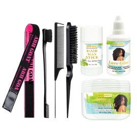 ARHGOAT Perfect Edge control 6.53oz, Hair wax stick 1oz, Waterproof Lace Glue 1.69oz with Hair Styling Comb Set Teasing Hair Brush Rat Tail Comb Edge Brush and Elastic Band