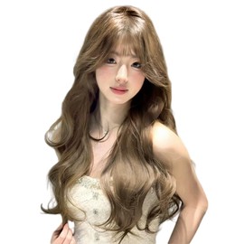 Laikeer Wig, Long, Brown Curly Hair, Full Wig, Curly Wave, Brown Hair, Wig, Ladies Fashion Wig, Long Hair, Small Face, Natural, Heat Resistant, Popular, Blunt Bangs, Ash Brown, Net Included