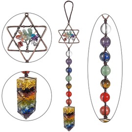 Nupuyai 7 Chakra Tree of Life Hanging Ornament, Merkaba Star Energy Crystal Wand Spiritual Ornament for Car Home Office Decor with Gift Box 28cm