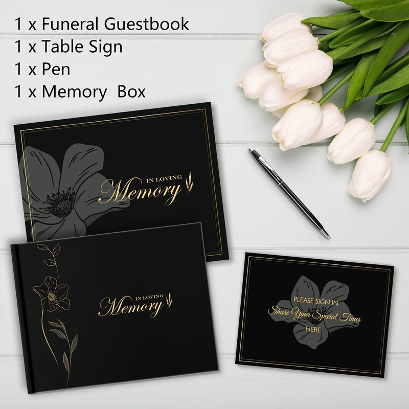 In Loving Memory Funeral Guest Book with Table Sign, Pen