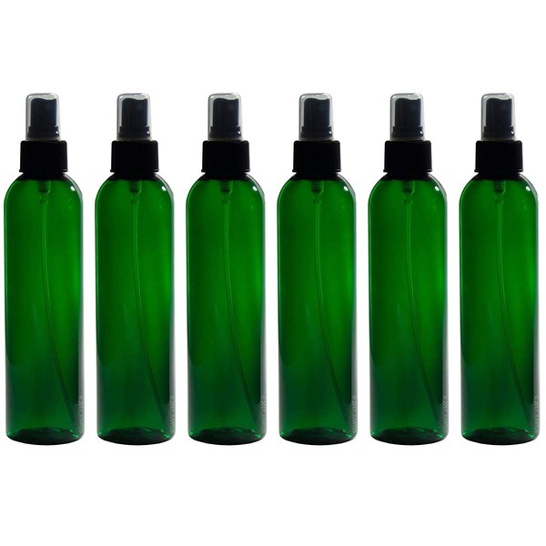 8 oz Green Tall Slim Plastic PET Refillable BPA Free Bottles (6 pack) + Labels (Black Fine Mist Sprayer)