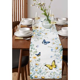 Rustic Daisy Table Runner 70 Inches Long for Dresser Dining Room Spring Summer Floral Butterfly Kitchen Dining Table Runners Table Decorations for Home Party Indoor Outdoor 13 x 70 Inch