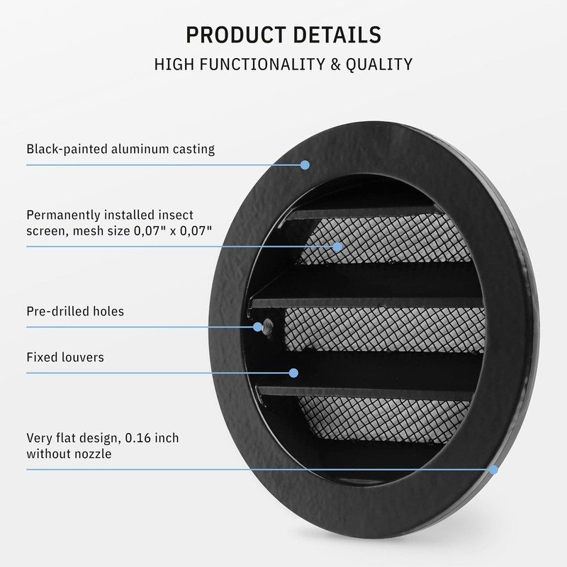 calimaero® WSGB 3" Inch Black Round Metal Air Vent Grill