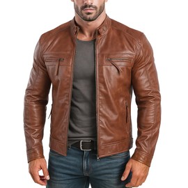 STOREJEES Quilted Leather Jacket Classic Biker Moto | Diamond Brown - 4XL Jacket