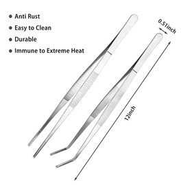Kitchen Tweezers Long Tweezers Set, LEEFONE 2 PCS 12 Inch Stainless Steel Food Tweezers with Precision Serrated Tips for Cooking & Baking (Straight + Curved)