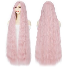 Rose bud Long Wavy Curly Wig with Fringe Pink Wigs for Women Cosplay Costume Synthetic 39 inch Lolita Wig With Bangs