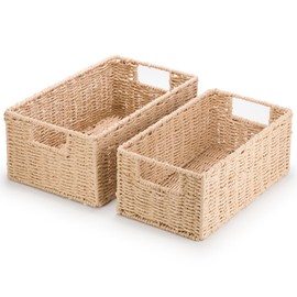 Woodluv Storage Baskets set of 2, Paper Rope Storage Boxes Bin Organiser Divider for Cupboards Drawer Closet Shelf,Wicker Woven Basket, Khakhi