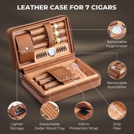 GLENCREAG Portable Travel Cigar Humidor Case, Leather Cedar Wood Lined Cigar Case with V Cutter & Torch Lighter, Built-in Hygrometer & Humidifier, Velvet Storage Bag, Upgraded Tight-Seal Edge