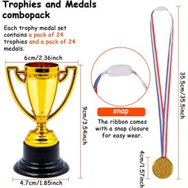 48-Piece Trophy Medals Set, 24 Sports Festival Gold Medals & 24 Mini Trophies for Children's Birthday, School Games, Football, Celebrations, Children's Party Bags & Prize