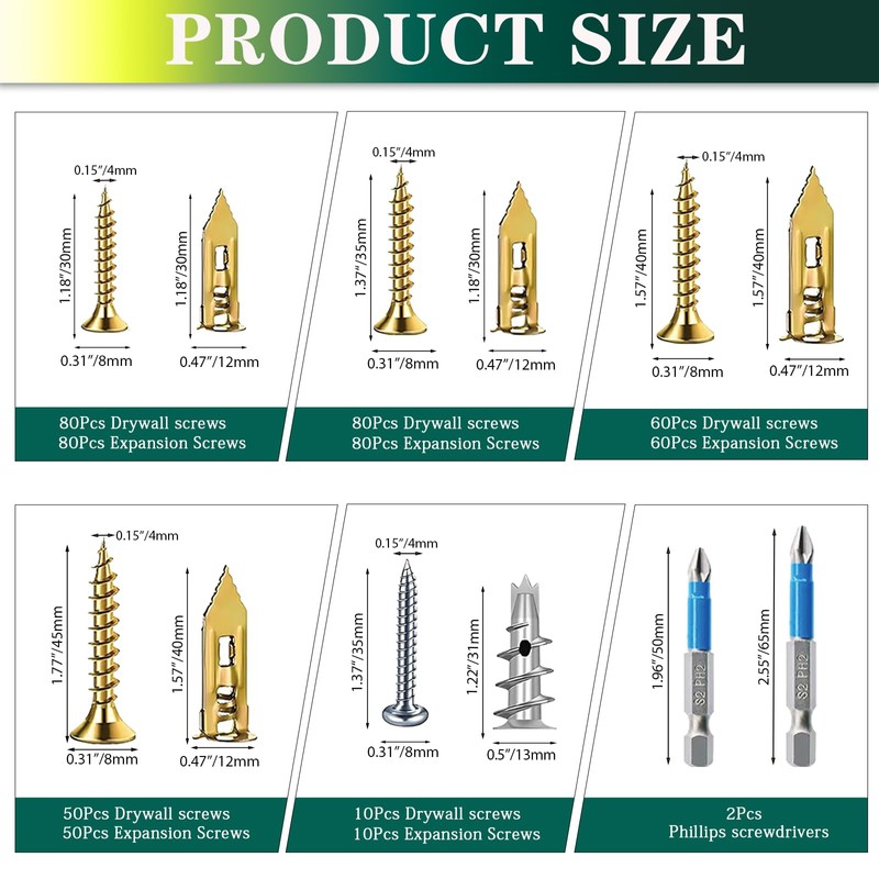 610PCS Self Drilling Drywall Anchors with Screws Kit,5-Sizes Metal Expansion