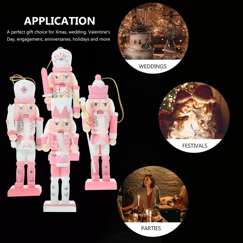 Happyyami 4pcs Pink Christmas Nutcracker Ornaments Candy Soldier Nutcracker Figurines