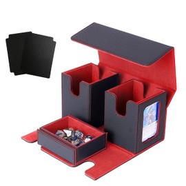 Deck Case Trading Card Case Card Display Window 200 Cards 3-in-1 Double Triple Sleeve Compatible with 4 Dividers and 2 Top Loaders Leather (Black Interior Red)