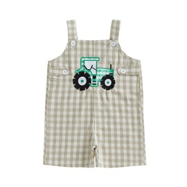Muineobuka Baby Boy Tank Romper Toddler Boy Cute Embroidery Classic Plaid Sleeveless Jumpsuit Infant Summer Clothes (Khaki, 3-6 Months)