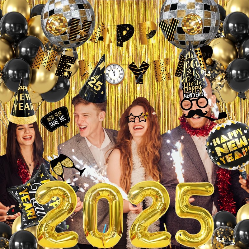 MEHOFOND New Years Eve Party Supplies, Black and Gold Happy