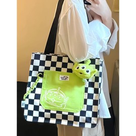 hgTUP Little Green Men Tote Bag, Canvas Tote Bag, Large Capacity, Alien, Shoulder Bag, Canvas Tote, Zipper Included, Interior Pocket, Tote Bag, Eco Bag, Meeting Bag, Commute, Canvas Wrap, Alien, a