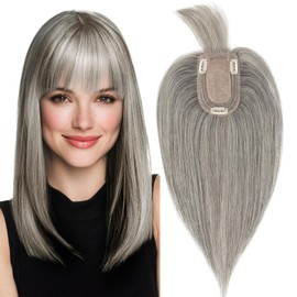 MY-LADY Human Hair Toppers for Women Real Human Hair with Bangs Thin 7 * 13CM Silk Base with Lace Clip in Remy Hairpieces 150% Density 10 Inch White Blonde & Natural Black