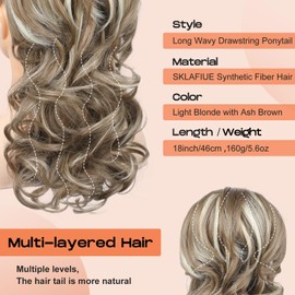 SEIKEA Ponytail Extension, 18" Long Wavy Curly Drawstring Ponytail Multi-layered Fluffy Thick Clip in Hair Extensions Natural Soft Synthetic Hairpiece Light Blonde with Ash Brown