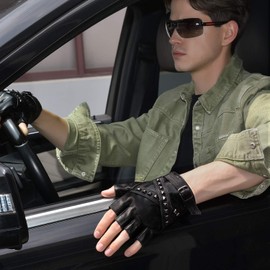 FIORETTO Men Genuine Leather Fingerless Gloves - Punk Half Finger Gloves, Unlined Sheepskin for Driving, Motorcycle - Black, Medium