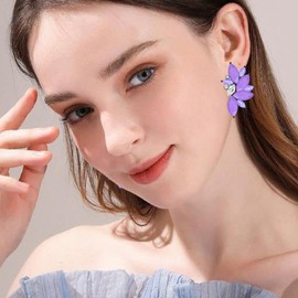 JIMARIN Bohemian Statement Sparkly Colourful Fancy Rhinestone Crystal Flower Dangle Drop Stud Earrings Vintage Wedding Bridal Prom Earrings for Women (Purple)