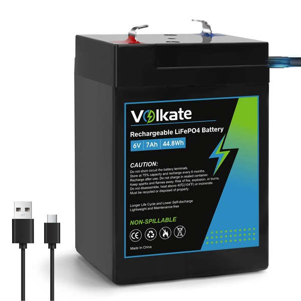 6V 7Ah LiFePO4 Lithium Battery 1 Pack, 6 Volt USB-C
