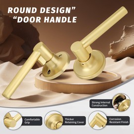 Gaurqiah Brushed Gold Passage Door Handle, Round Design Non-Locking Door Lever, Reversible Door Lever for Hallway Closet, Satin Brass