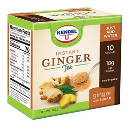 Kendel Instant Ginger Drink with Sugar, Made from Real Ginger Crushed into Fine Powder, Contains Cane Sugar, May Aid Digestion, Can be Enjoyed Hot or Cold, Caffeine Free (10 Sachets Per Box)