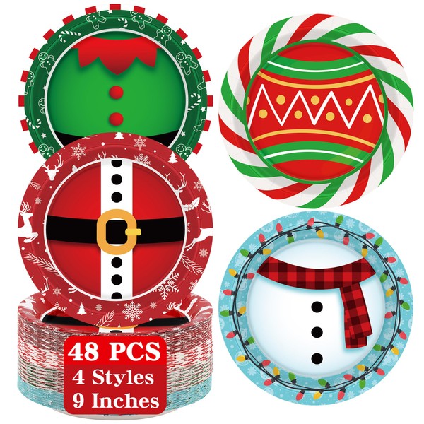 48 PCS Christmas Paper Plates, 9 Inches Christmas Party Paper