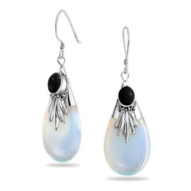 Western Style Rainbow Opalite Glass Teardrop Pear Shaped Dangle Black Cubic Zirconia CZ Earrings Fish Hook Sterling Silver