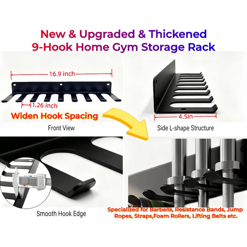 9 Hook Wall Mount Gym Storage Rack, Heavy-Duty Fitness Equipment