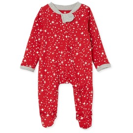 HonestBaby Sleep and Play Footed Holiday Pajamas One-Piece Sleeper Zip-front Organic Cotton PJs Baby Boys, Girls, Unisex, Twinkle Star Red, 3-6 Months