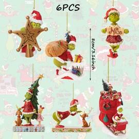 Gyoungt Grinch Christmas Ornament Decorations, 6PCS Stocking Cap Funny Santa Ornament Decorative Xmas Decor Ornaments