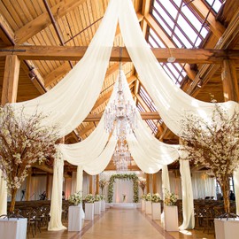 REWOMC 6 Panels Ivory Ceiling Drapes for Wedding, 5ftx30ft Ceiling Drapes Cheesecloth Sheer Fabric Curtain Wedding Arch Draping Fabric Romantic Ceiling Decorations for Wedding Party Ceremony Stage