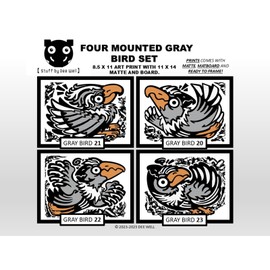 Minimalist Folk Wall Art Wall Decor 11x14 Matted Gray Birds Set by Dee Well, Set of 4 Unframed Animal Artwork Contemporary Abstract Art Prints Signed By Artist