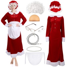 Yaomiao 9 Pcs Mrs. Santa Costume for Women Santa Claus Costume for Women Santa Dress Bonnet Apron Wig for Christmas (Basic, 2X-Large)