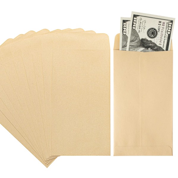 ACSTEP 100 PACK Brown Cash Envelopes 3 1/2 x 6 1/2 for Budgeting, Small Kraft Money Envelopes Self Adhesive for Cash, Coins, Check, Seeds, Money Savings Challenges