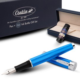 Conklin Herringbone Signature Fountain Pen Blue Fine Nib + Free 15ml Ink Bottle – Premium Writing Gift for Men, Women, Executives, Collectors