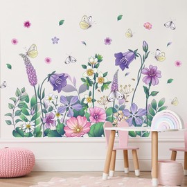 Colorful Floral Wall Decal Peel and Stick Flower Butterfly Wall Sticker Green Plant Leaf Wall Art Murals for Bedroom Living Room Nursery Decor