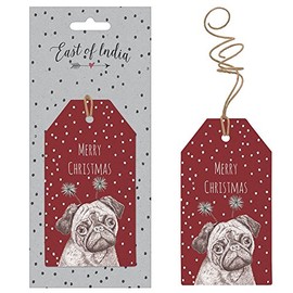 East Of India Red Spotty Merry Tags with A Pug x 6