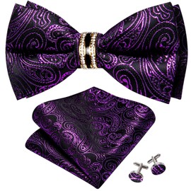 YOHOWA Mens Bow Tie Bright Purple Black Paisley Pocket Square Set Pre-Tied Bowties with Gold Ring Formal Wedding Party