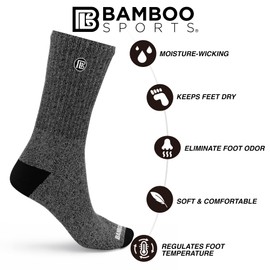 Bamboo Sports Premium Bamboo Rayon Crew Work Socks- Moisture Wicking, Odor Eliminating Heather Gray Crew Socks for Men Size 9-12 - 6 Pair