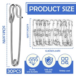 Ftyiwu Large Safety Pins, 30 Pack Heavy Duty Safety Pins 2 Inch, Stainless Steel Safety Pin for Clothes, Blankets, Laundry, Leather Canvas, DIY Crafts (Silver)
