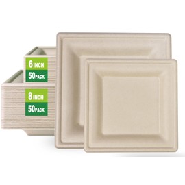 GreenWorks 6 inch and 8 inch Heavy-duty Compostable Plates (each 50 Count), 100 Count Bagasse and Bamboo Fiber Disposable Paper Plates