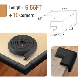 Safety Baby Edge Corner Guards Protector Set, 2M/6.7ft Edges Protector + 10 Corner Guards for Kids Foam, Furniture and Tables Child Bumpers, Pre-Taped for Direct Use (black)