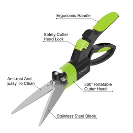 SZHLUX Grass Shears 360-Degree Swivel Blades, Ultra-Sharp Grass Cutter with 5’’ Stainless Steel Blades, Gardening Shears and Plant Cutting Scissors