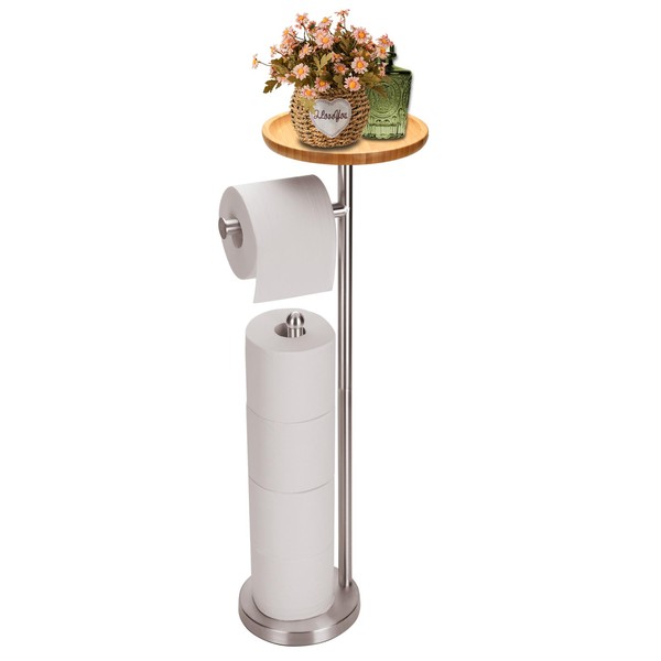 Toilet Paper Holder Stand with 7.9" Big Bamboo Tray, Holds