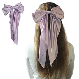 Generic Silky Satin Hair Clips with Long Ribbon Big Bows Long Satin Bows with Ponytail Big Silky Bow for Girls Ponytail Accessories Wedding Hair Accessories for Women and Girls, Lilac