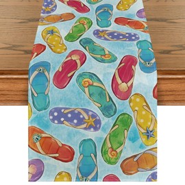 Artoid Mode Blue Flip Flops Seaside Themed Summer Table Runner, Seasonal Kitchen Dining Table Decoration for Home Party Decor 13x90 Inch