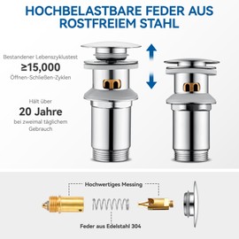 Auralum Stainless Steel Sink Plug, Drain Plug with Brass Anti Clogging Strainer, Pop Up Drain Valve with Overflow, Drain Fitting for Sink and Washbasin, Chrome-Plated