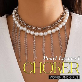 Nicute Layered Pearl Choker Necklace White Tassel Necklace Chain Collar Classic Wedding Prom Necklace for Women